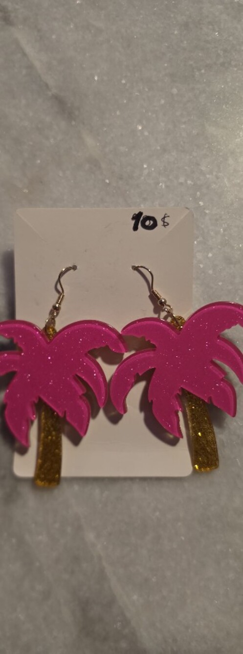 Fashion Jewelry Hot Pink and Gold Palm Tree Dangle Earrings - Women Jewelry